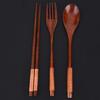 Wooden Chopsticks Spoon Fork Tableware Dinnerware 3pcs Set (with black thread)