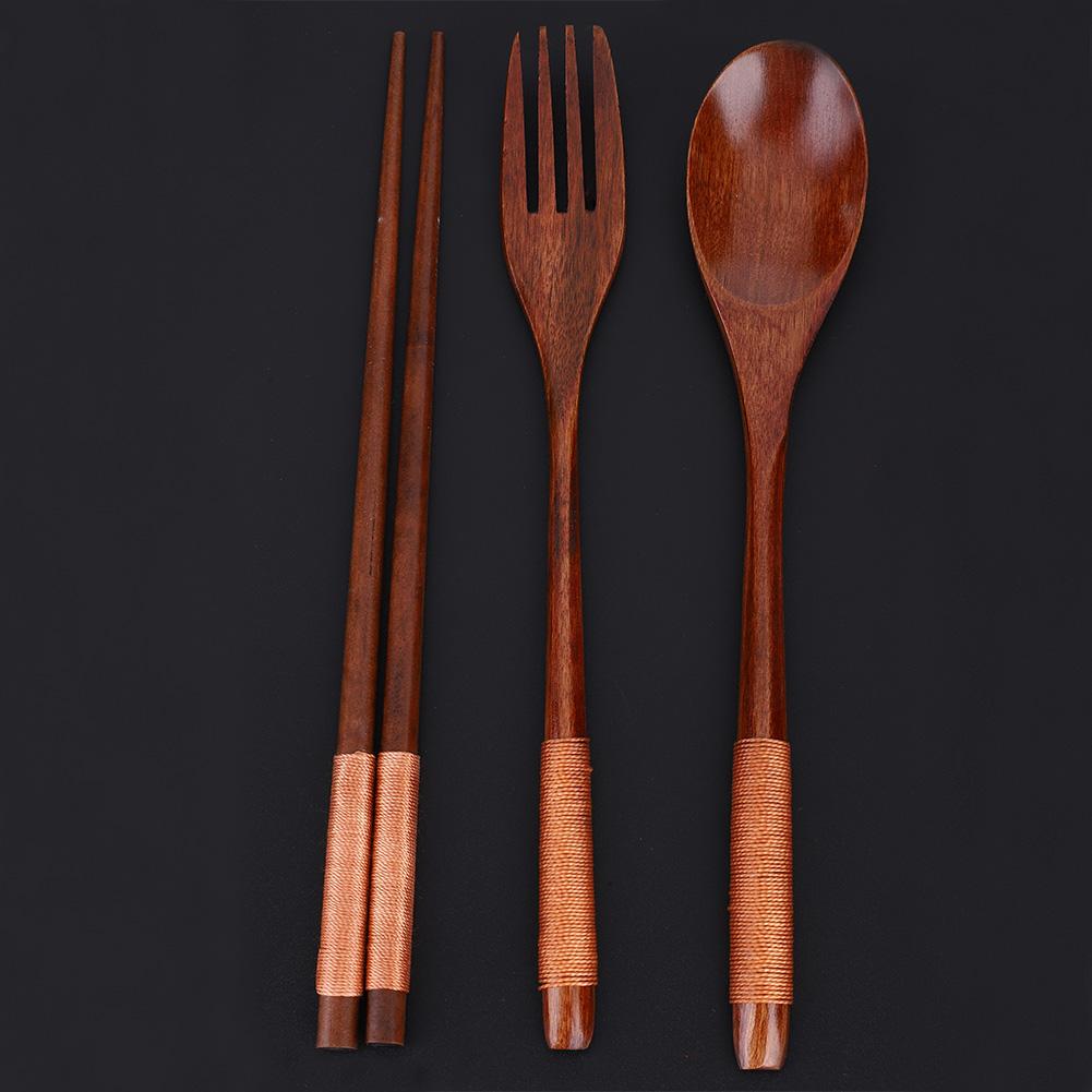 Wooden Chopsticks Spoon Fork Tableware Dinnerware 3pcs Set (with black thread)