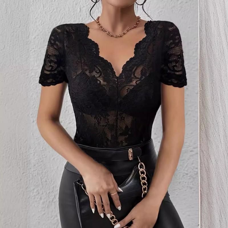 Elegant Lace V-Neck Slim Fit Solid Color Womens Short Sleeve Top Office Casual Wear