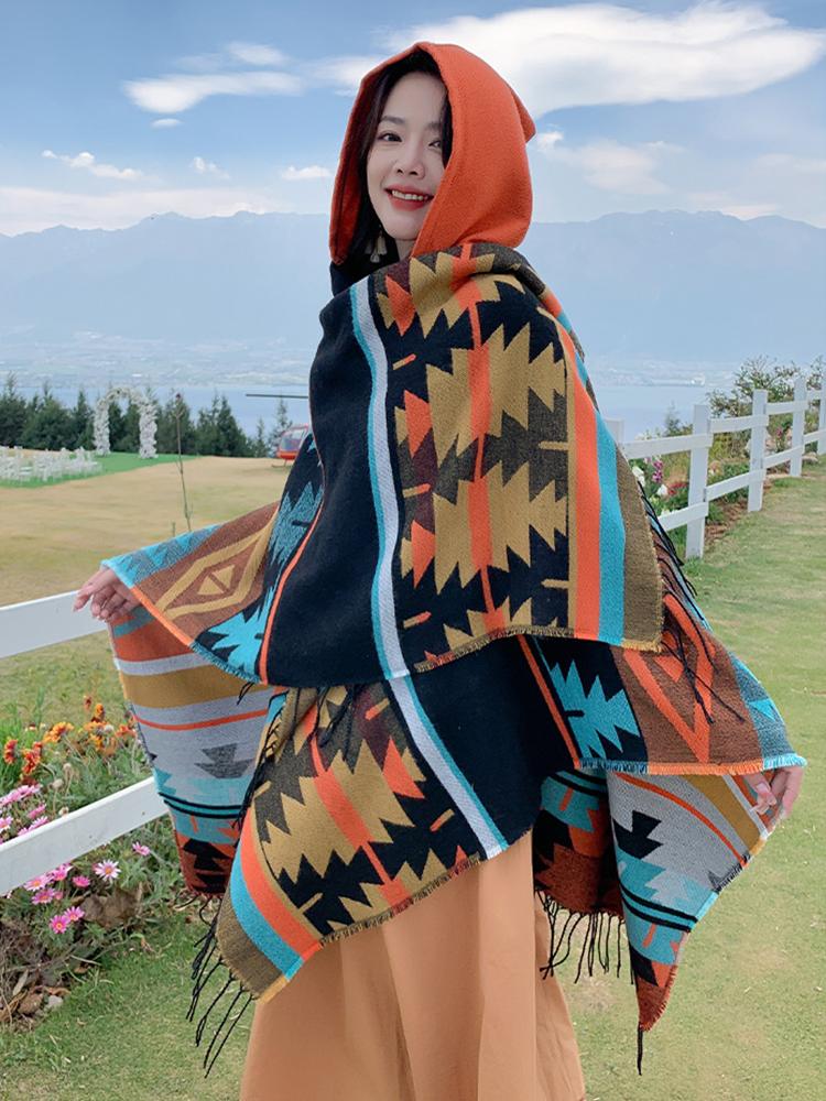 Autumn Winter Elegant Retro Print Scarf Women Layers Poncho Warm Tassels Scarve Capa Para Mujer Pashmina Cloak Wrap Shawl