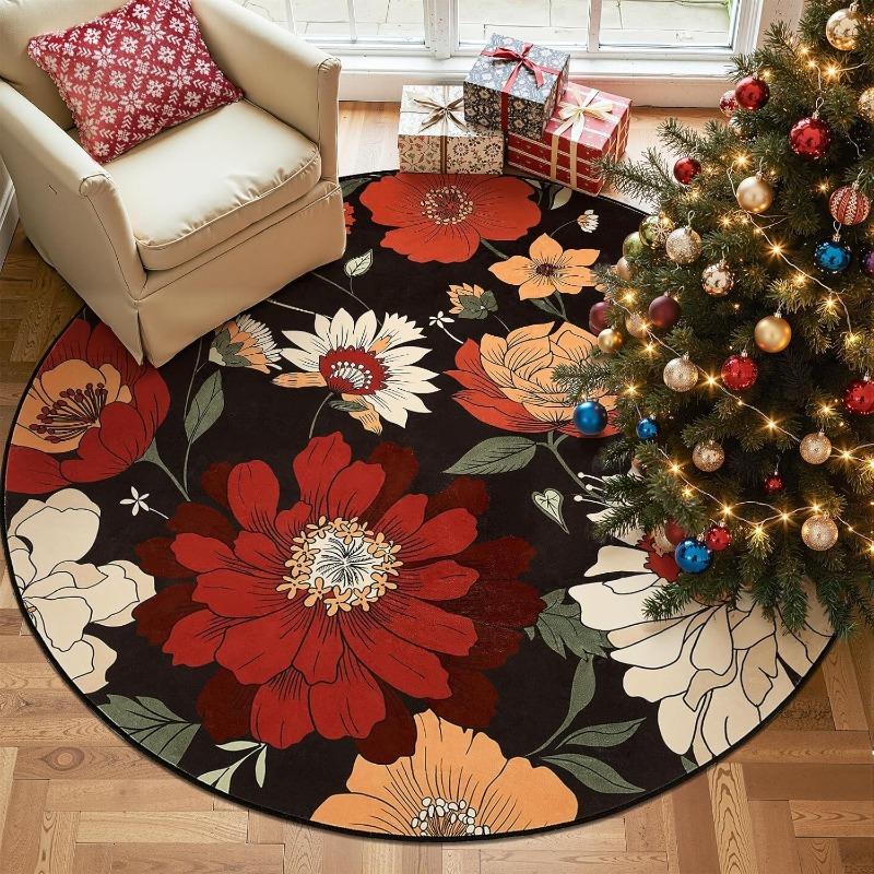 Vintage Floral Round Rugs Indoor Boho Flower Print Living Room Decor Carpet Absorbent Non-slip Soft Mat for Bedroom Home Office