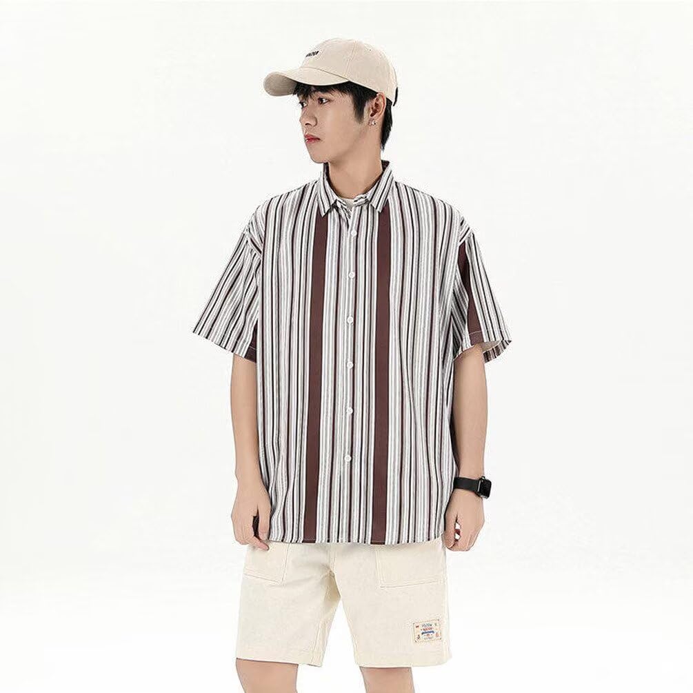 Tenflow Plus Size Casual Short Open Loose Cool for Summer Men's Shirt, Sleeve, Striped, Collar, Fit, (5XL, Coffee)