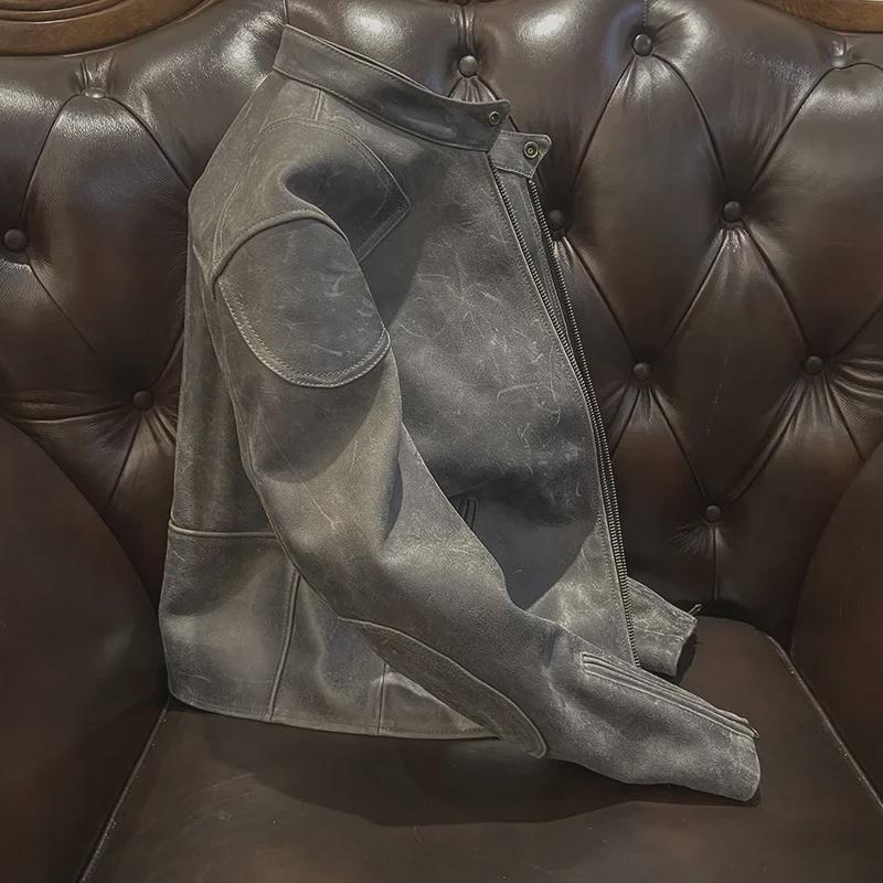 Men's Khaki Distressed Leather Jacket with Stand Collar and Multi-Pocket Design