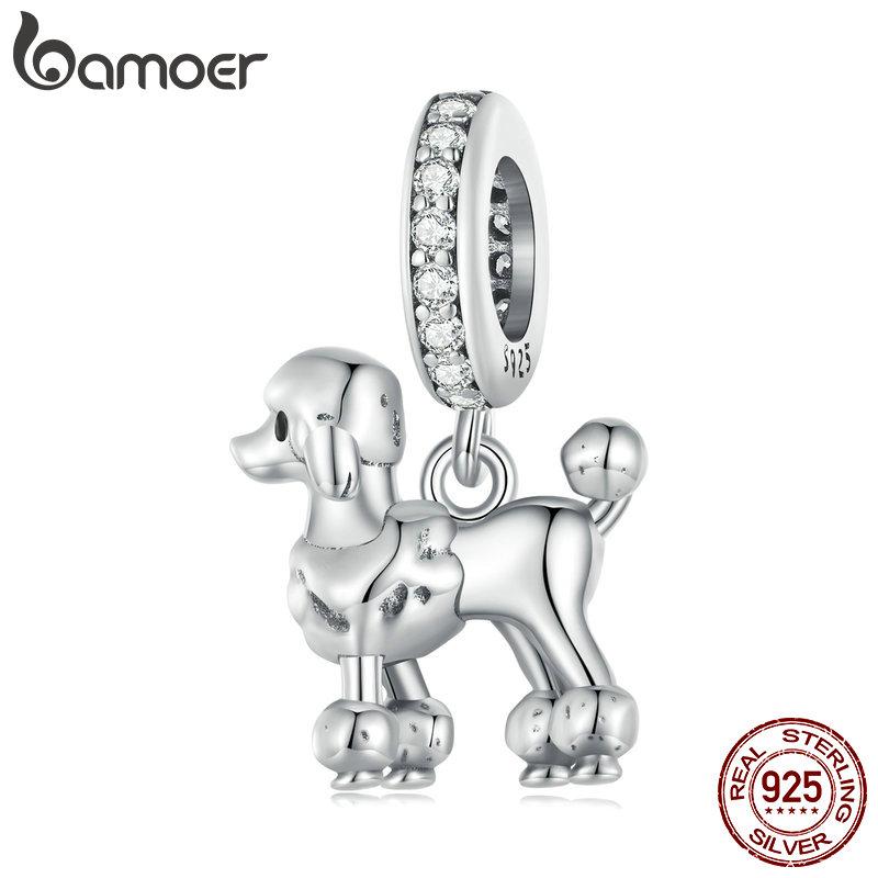 BAMOER Gold Plated Pet Dog Charm Beads for Charm Bracelet, Genuine 925 Sterling Silver Border Collie Dachshund Schnauzer Pendant