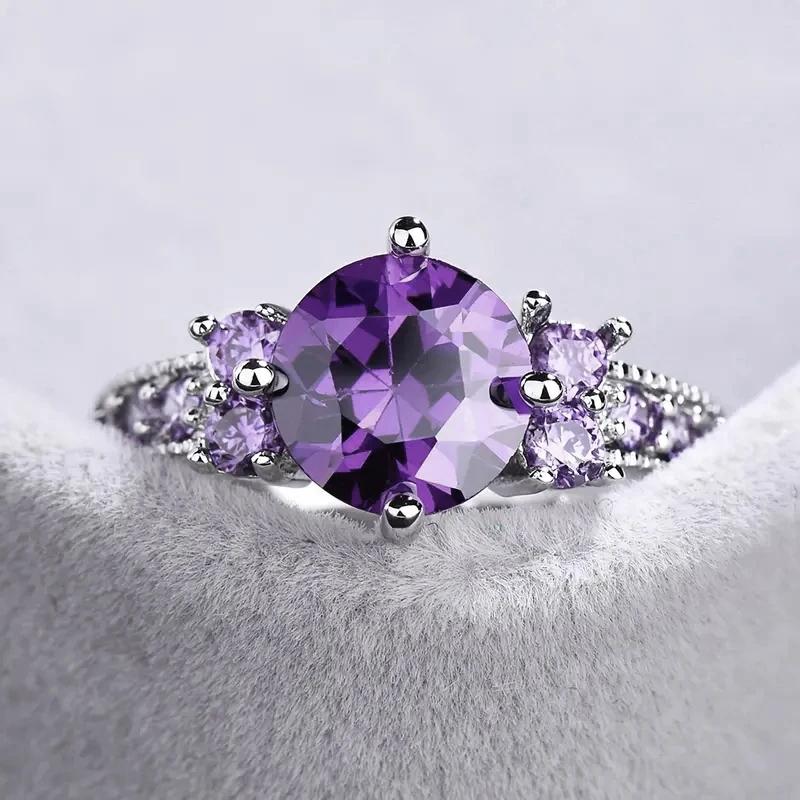 Huitan Charming Purple CZ Rings Bridal Wedding Accessories Silver Color Women Rings Anniversary Gift Temperament Lady