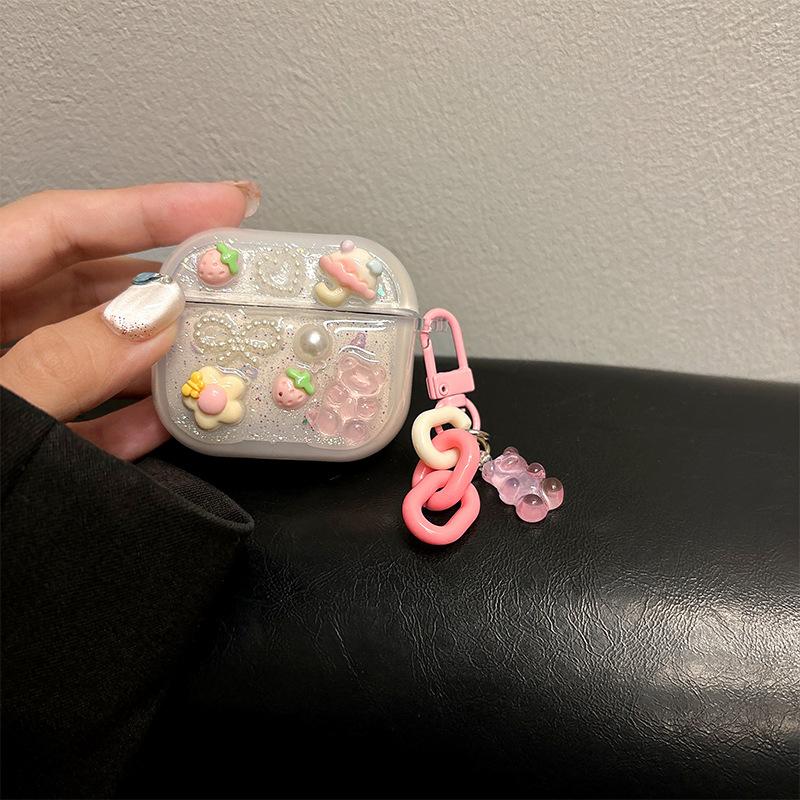Love Strawberry Pearl Apple Bluetooth Headset Cover For Airpods 4 Glitter Pendant Airpods Pro Women