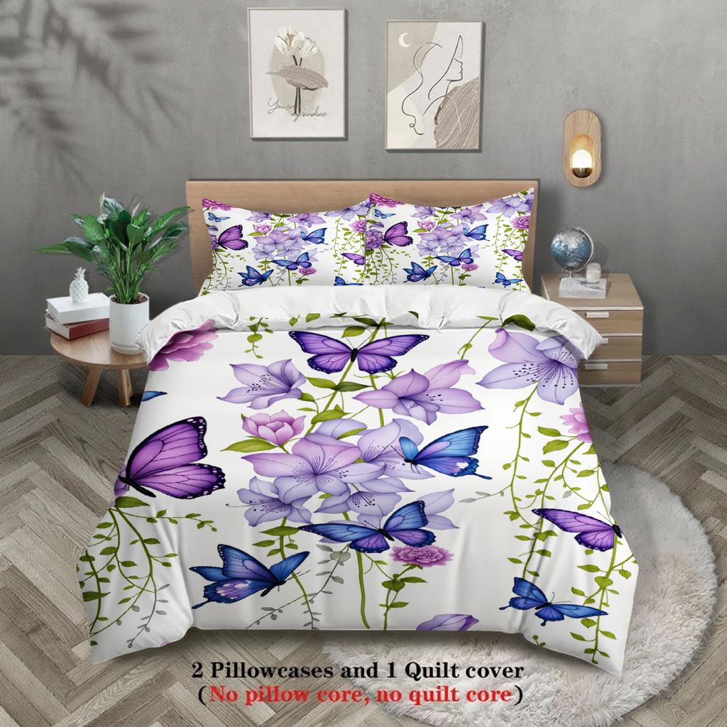 Floral Butterfly Print Bedding Set Purple And Blue Flowers With Butterflies Bedding With Duvet Cover & Pillowcases For Bedroom