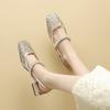 Baotou patent leather square toe low heel rhinestone buckle rear hollow Mary Jane shoes