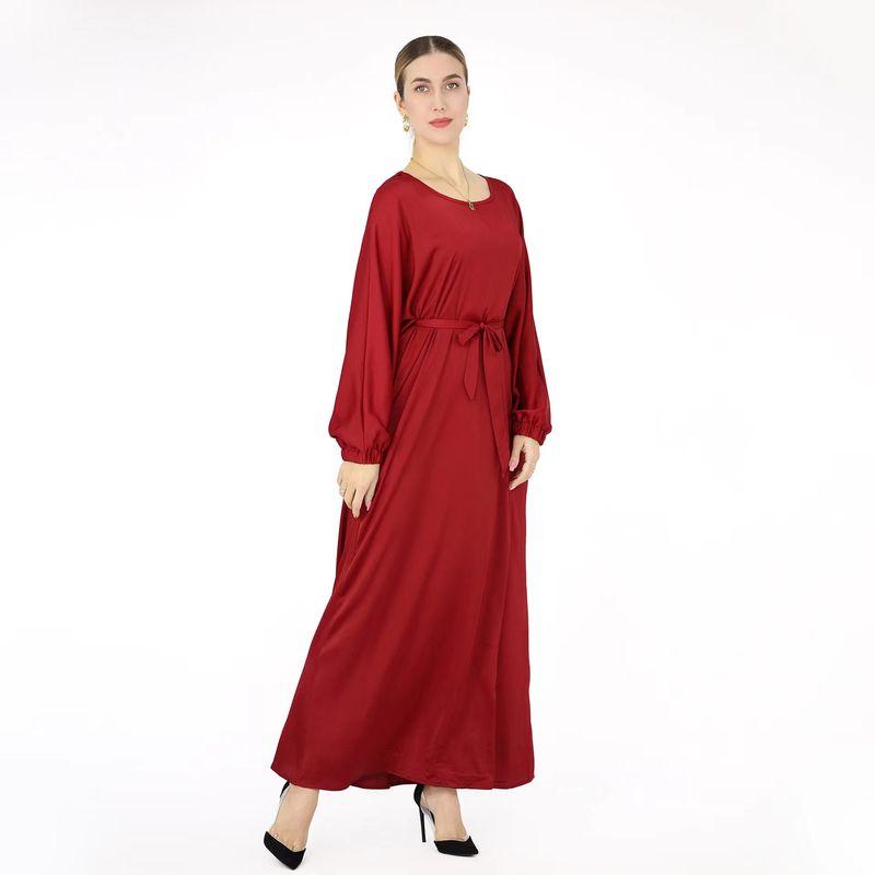 

New Arrival 2023 Ethnic Style Pure Color Dress round Neck Tied Long Dress round Neck Lace up Dress Burgundy S