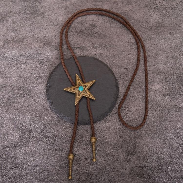 Classical Braided Leather Cord Bolo Tie with Metal Star Turquoises Pendant Western Vintage Necktie Shirt Collar Necklace