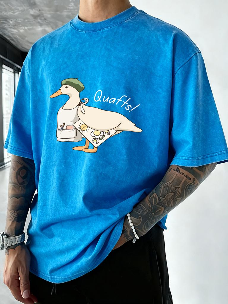 The Big Goose Who Loves Drawing Print Washed T Shirts Men Summer Cool TShirt Loose Vintage Tops Casual Cotton Short Sleeve