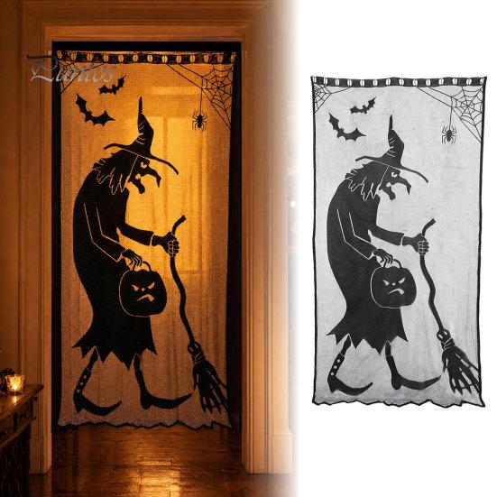 Halloween Party Table Set Door Curtain, Lace Spider Web Fireplace Cover, Scary Skeleton Witch Shrink-resistant Fabric Bat Print Window Drapes for Home