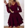 JPNTKY Fashion Summer Spring Solid Color Print Long Sleeve V-Neck  Casual Dresses