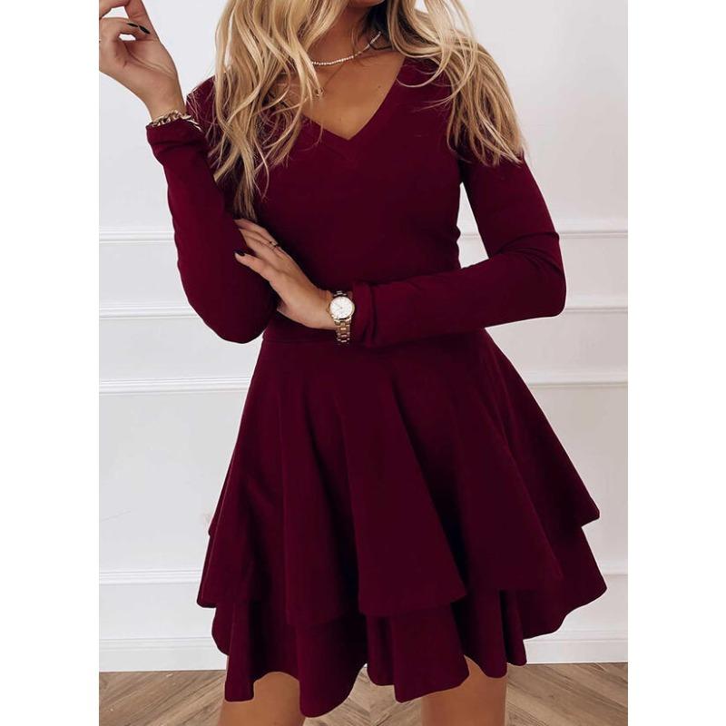 JPNTKY Fashion Summer Spring Solid Color Print Long Sleeve V-Neck Casual Dresses