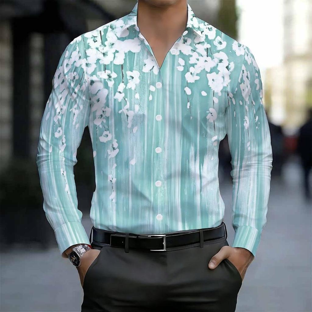 Camisa de Hombre con Cuello Estampado Floral Azul Blanco Diminuto por Todas Partes Manga Larga Botones