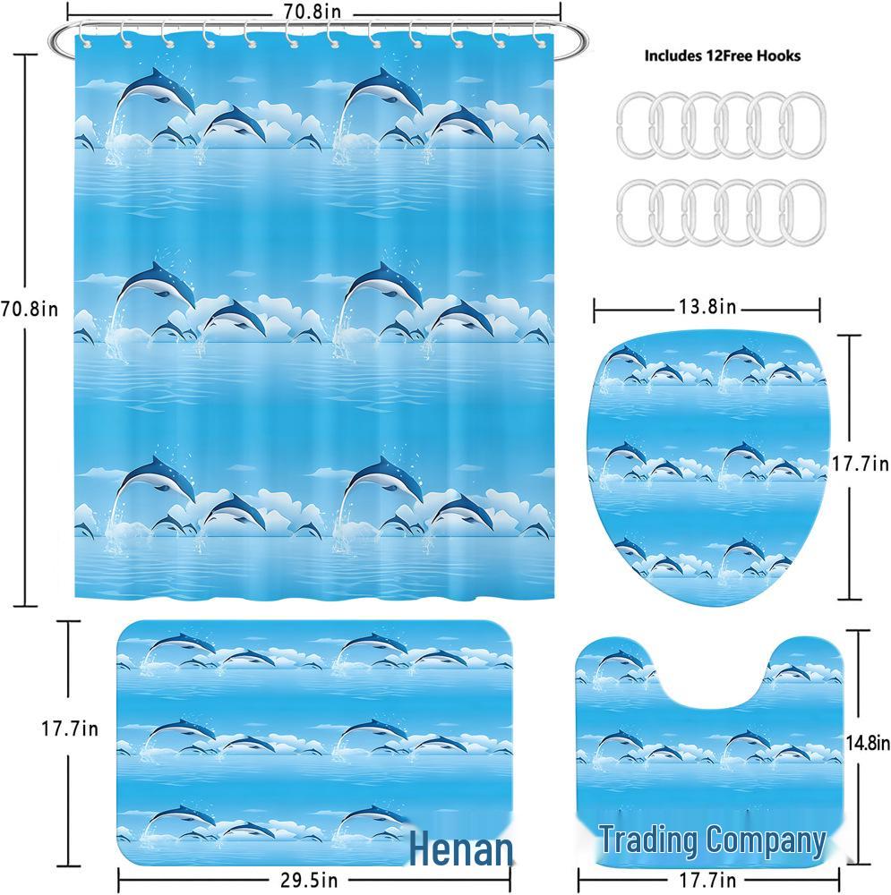 Blue Dolphin Pattern Waterproof Polyester Shower Curtain with 12 Hooks