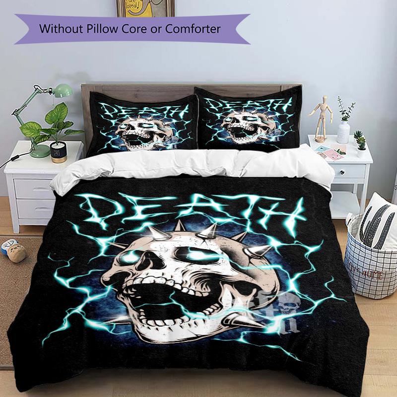 3pcs Death Metal Skull with Electric Lightning - Anime Cartoon Design Bedding Set, Includes One Quilt Cover and Two Pillowcases (No Core), P