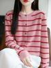 Women's Pineapple Juice Striped Pure Wool Cardigan, Round Neck Knit Sweater for Spring/Autumn, Little Coco Style Top