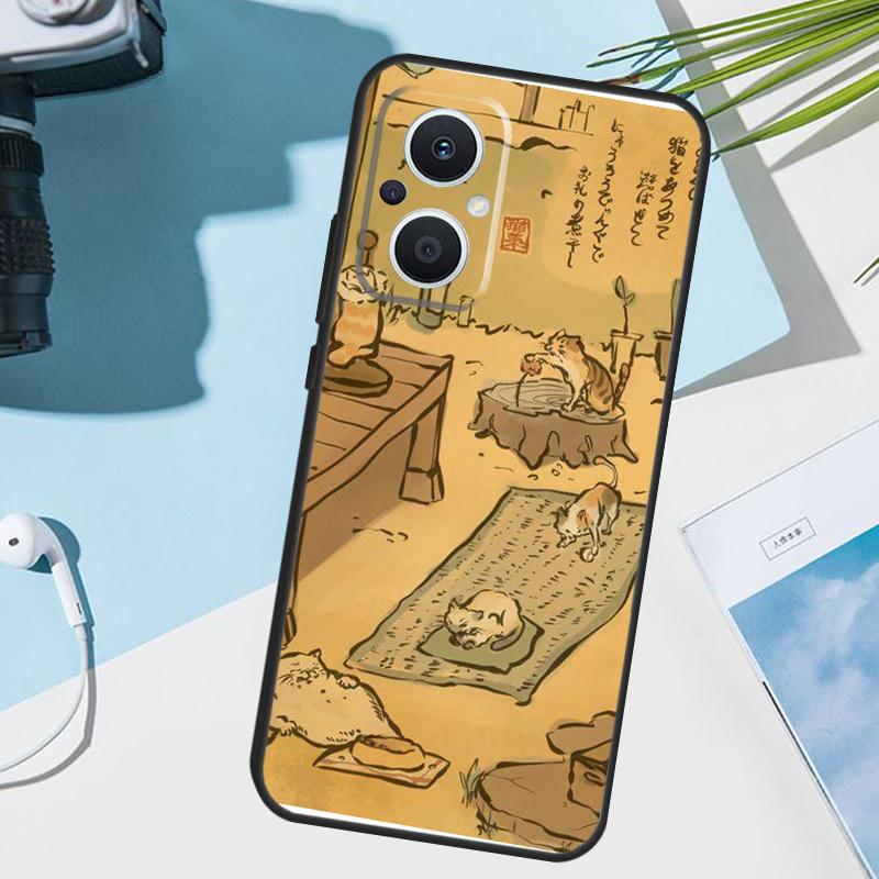 

Japanese Cat Drink Pattern Cover For OPPO Reno 12F 11F 13F 14F 8T 7 8 Lite 10 11 12 13 14 OPPO Find X9 X8 X6 X5 Pro Case OPPO Reno14