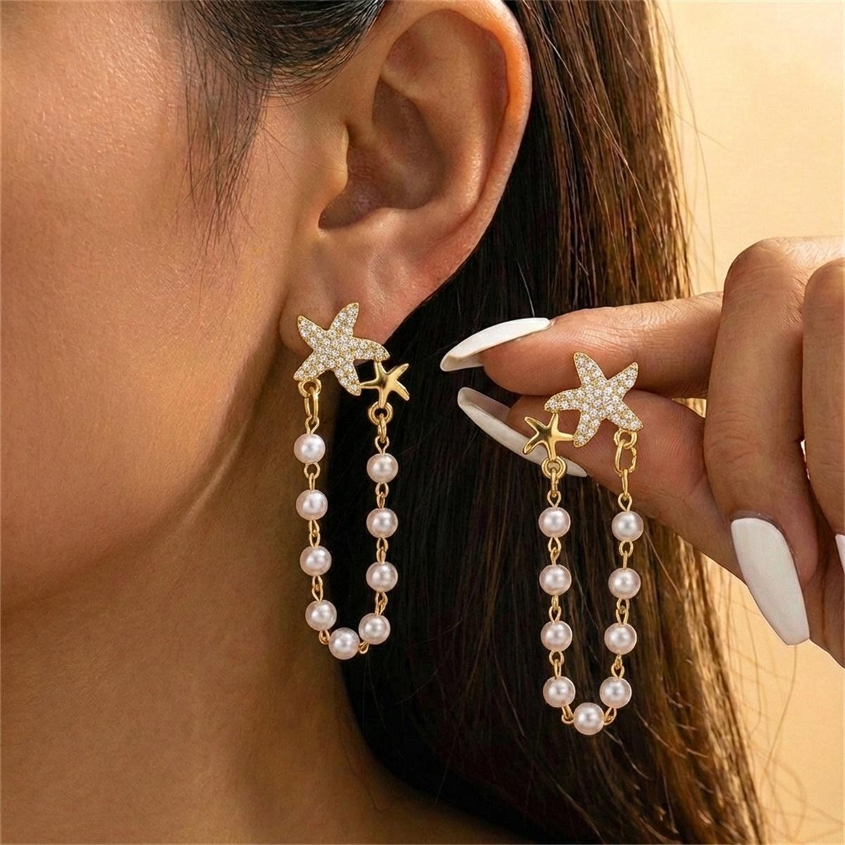 

Bohemian Starfish Shell Imitation Pearl Tassel Dangle Earrings For Women Men Elegant Sea Star Drop Earring Summer Beach Zircon