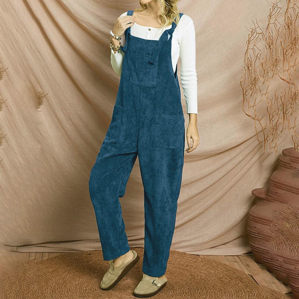 Solid Corduroy Overall Jumpsuit, Casual Patched Pockets Overall Jumpsuit For Spring & Fall, Women's Clothing