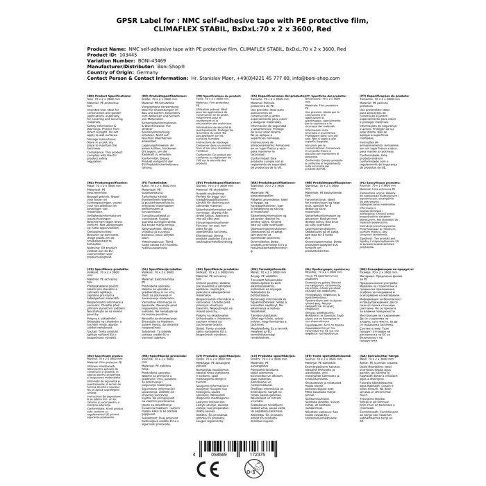 Red Insulating Adhesive Tape 70mm X 3.6m - PE Protection