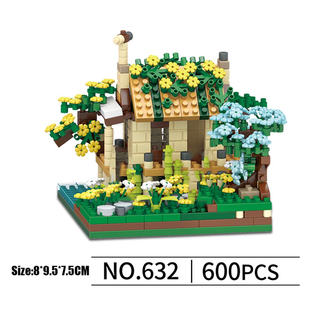 Vier Jahreszeiten Hütte Straßenansicht Bausteine Mikrosteine Spielzeug Kirschblüten Baumhaus DIY Montage Kinderspielzeug Heimdeko