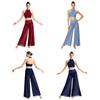 Completo Crop Top con Scollo all'americana e Pantaloni a Gamba Larga con Elastico in Vita, Patchwork in Rete con Strass, con Pantaloncini Integrati per Performance di Danza e Clubwear