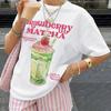 Strawberry Matcha T-Shirt Tea Print Short Sleeve Crew Neck Top with Matcha Powder & Strawberry Blouse Tee Suitable for Vacations