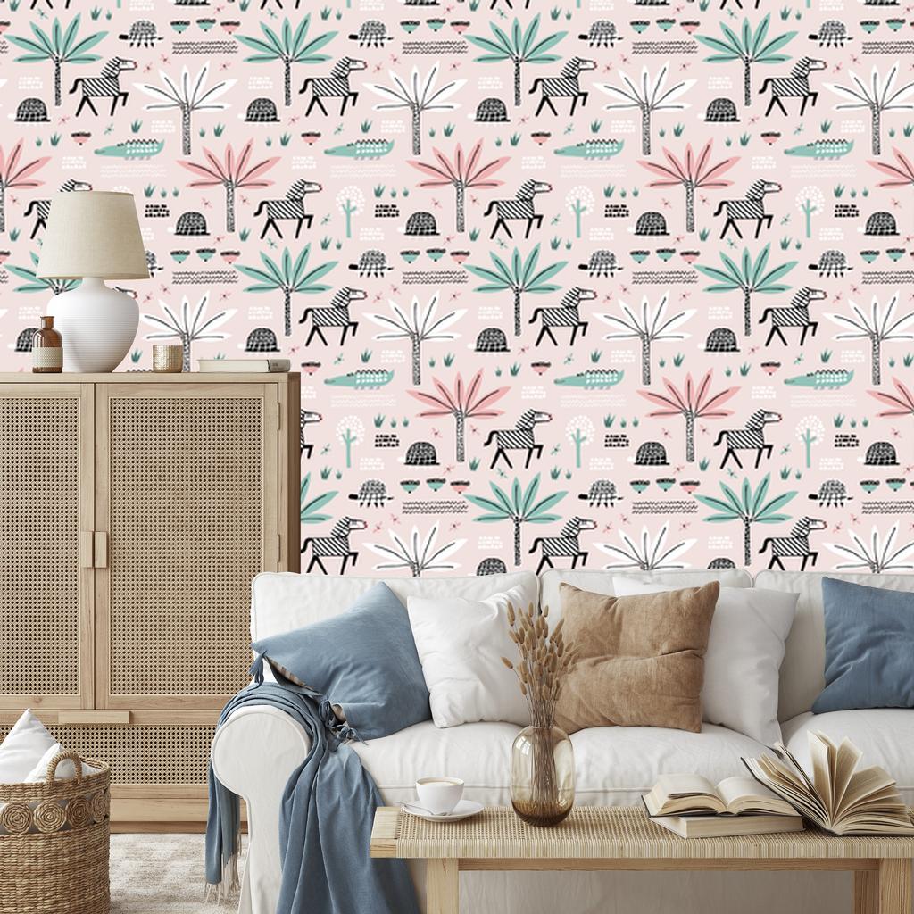 Pastel Animals and Palm Trees Wallpaper for Living Room and Bedroom 50x1000