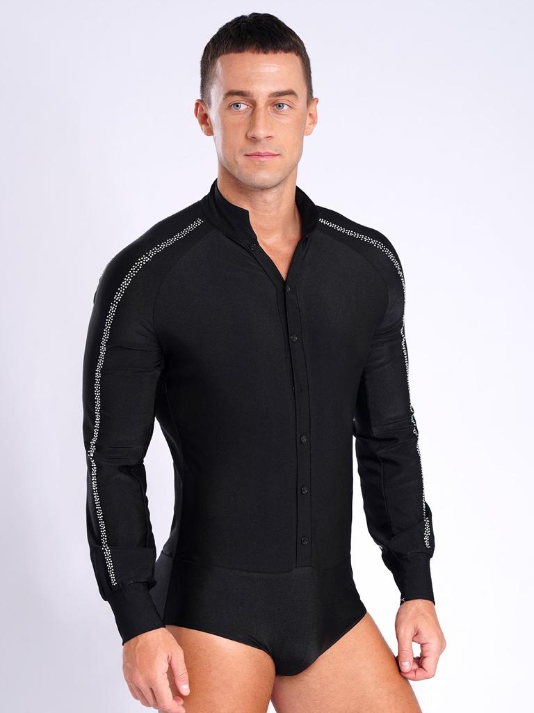Men Latin Rumba Samba Dancewear Competition Costume Shiny Rhinestones Color Block Modern Ballroom Dance Leotard Professional