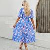 Feminino outono inverno manga curta flor impressão com decote em v casual a linha tornozelo comprimento vestido de cintura alta