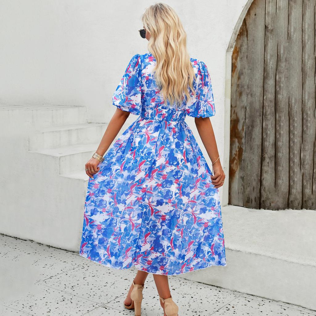 Feminino outono inverno manga curta flor impressão com decote em v casual a linha tornozelo comprimento vestido de cintura alta