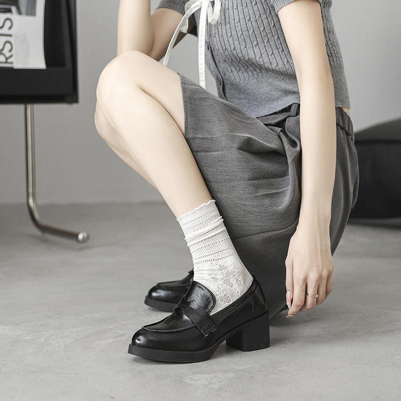 Fashion British style small leather shoes women's new small thick heels single shoes retro commuting onepedal loafers