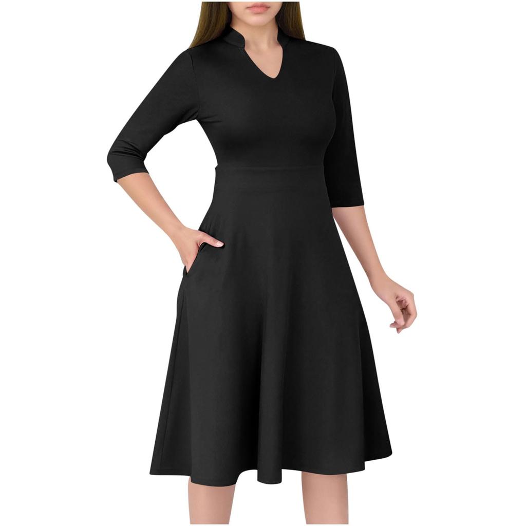 Women's Fashion V,Neck Three,Quarter Sleeve Church Work Dress With Pockets In Color