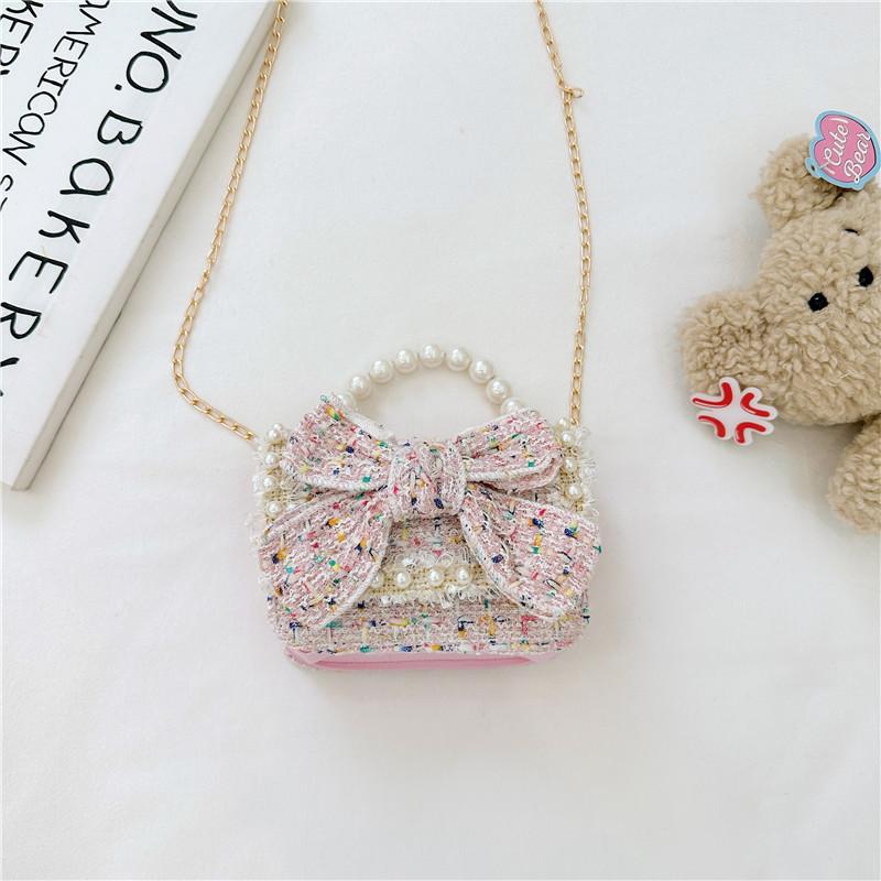 Trendy Red Mini Chain Crossbody Bag For Kids With Charming Bow Design And Lightweight Canvas Material