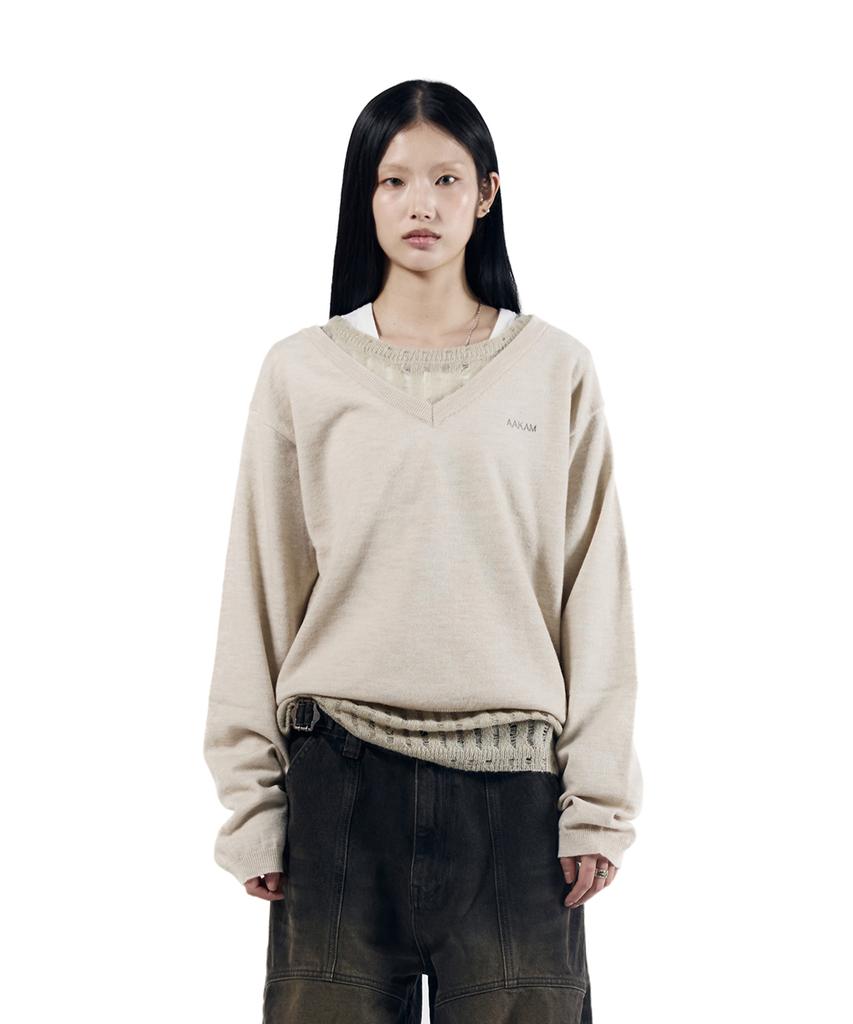 AAKAM Layered V-Neck Knit (Ivory)