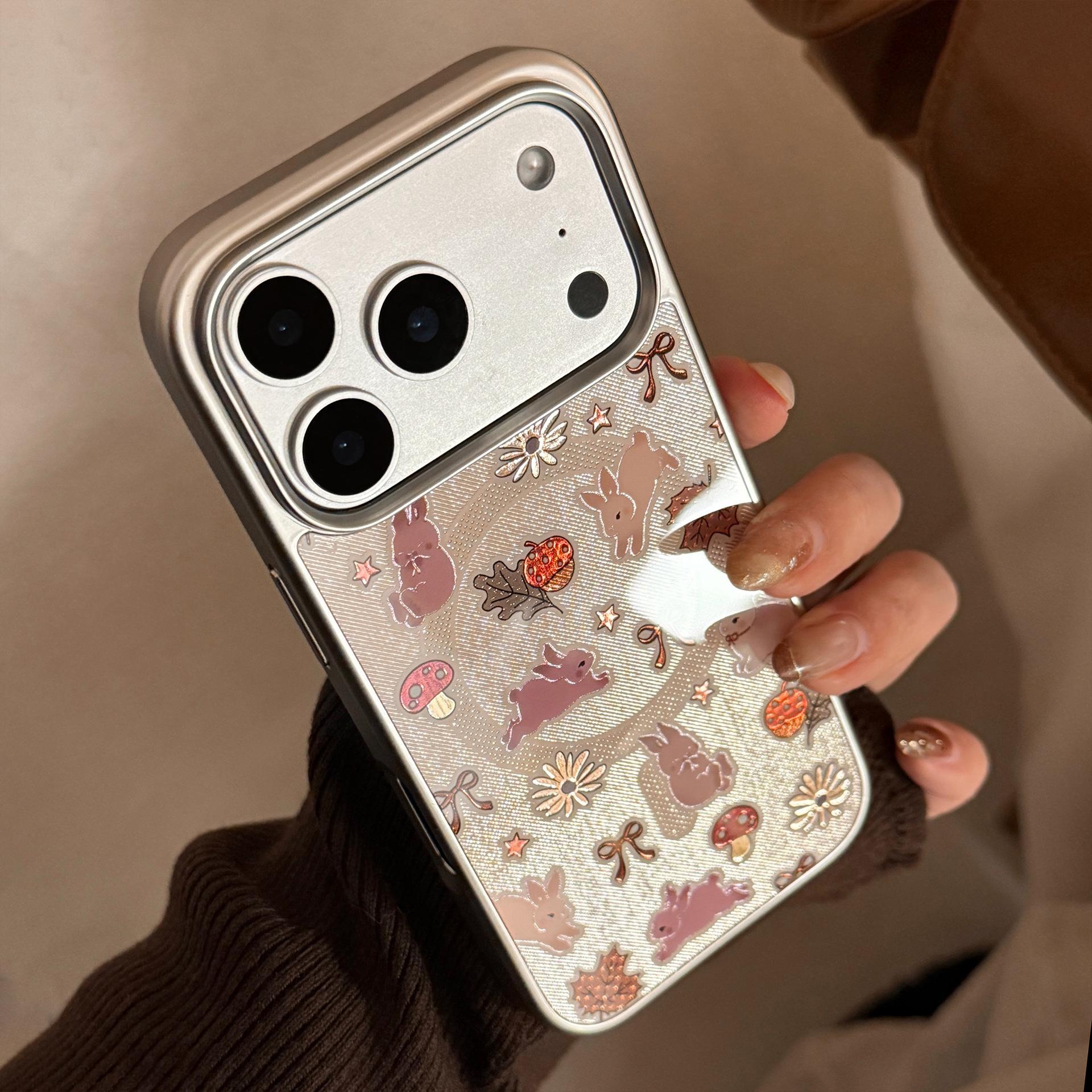 

Silver-Edged Gilded Rabbit Phone Case for iPhone 17 Pro Max, Compatible with iPhone 16 & Huawei P70, with Magnetic Bracket iPhone 11/XR