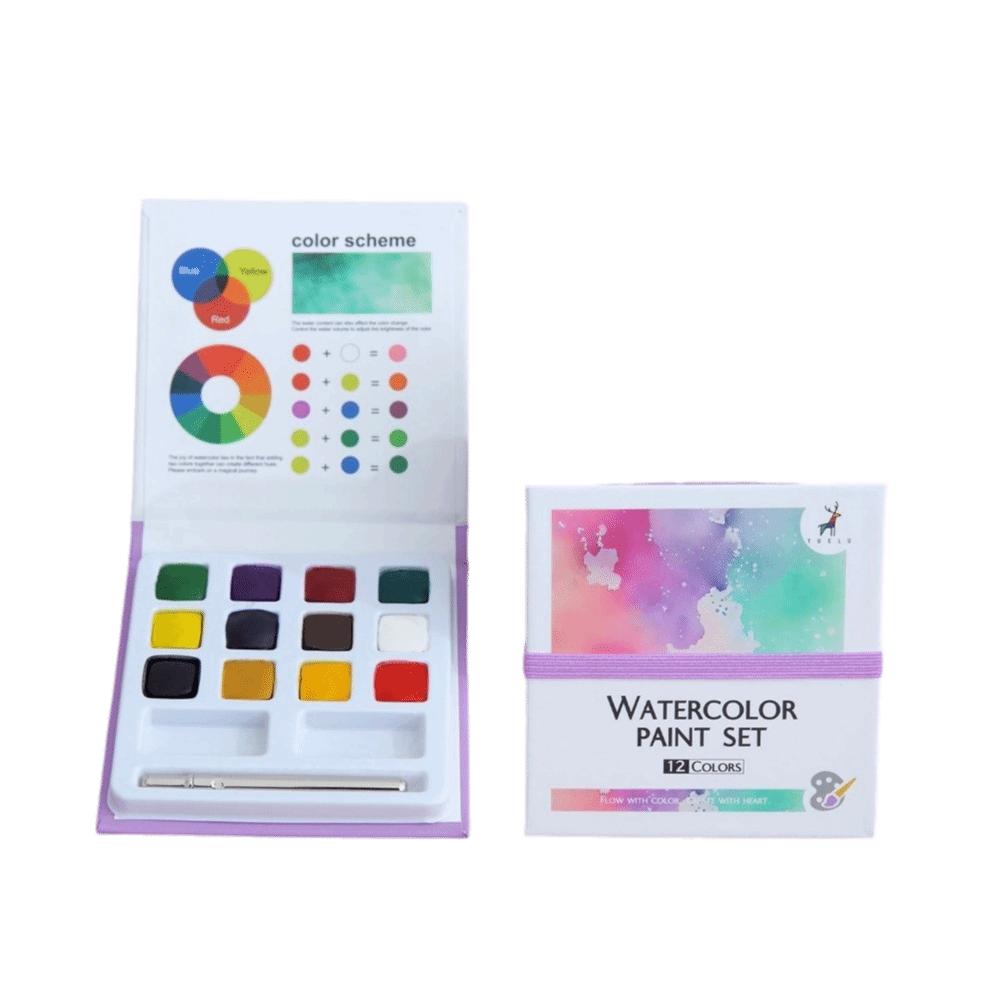 12 Colors Solid Watercolor Paint Set Portable Non‑toxic Travel Watercolor Set Travel Size Solid Watercolor Paint Box Travel