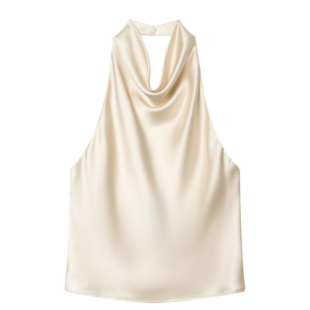 Style Européen et Américain Nouveaux Vêtements pour Femmes Sans Manches Tendance Satin Texturé Col Halter Top 2231399