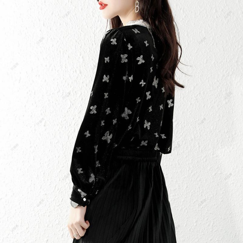 Vielseitiges Design mit Herbst und Winter, Schmetterlingsdruck Gold Samt Ohren Halspullover T-Shirt