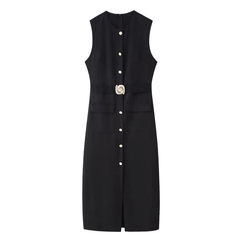 European and American Women's Sleeveless Belted Midi Dress - Chic, Round Neck Style