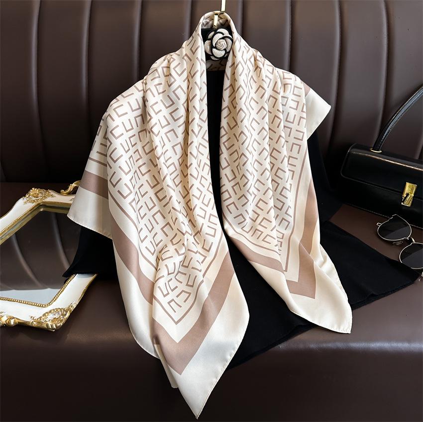1 pcs 90cm twill scarf solid color lettered printed silk scarf simple large square sunblock shawl Russian headscarf