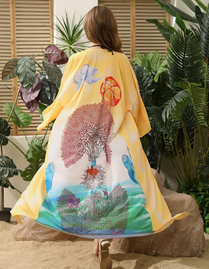 European & American Peacock Print Beach Cover-up: Stretch, Back Cutout, Sexy, Loose Cardigan