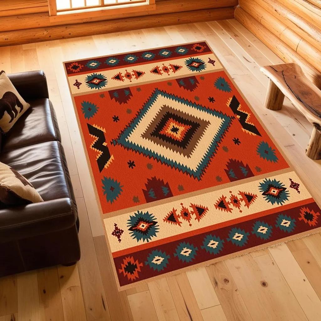 Southwestern Tribal Area Rug Aztec Rustic Area Rugs Native Geometric Rug, Non-Slip Indoor Floor Rugs for Bedroom Living Room