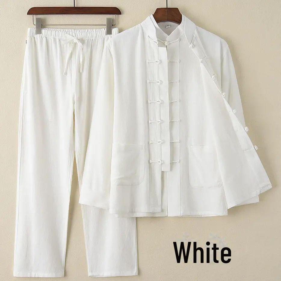Spring/Summer Vintage Chinese Tang Suit: Classic Button-Down Cotton Linen Two-Piece with Stand Collar for Middle-Aged Men