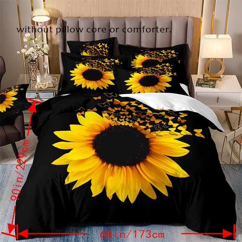 3pcs Fashion Duvet Cover Set, Sunflower Print Bedding Set With Zipper Closure, Soft Comfortable Duvet Cover
