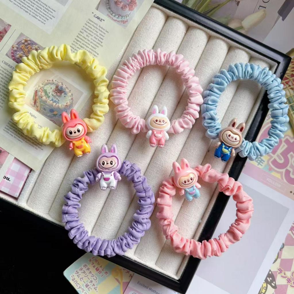 5 Pics Cute Labubu Off-white Intestine Ring Hair Tie - Elastic Fabric Cartoon Style for Kids & Women