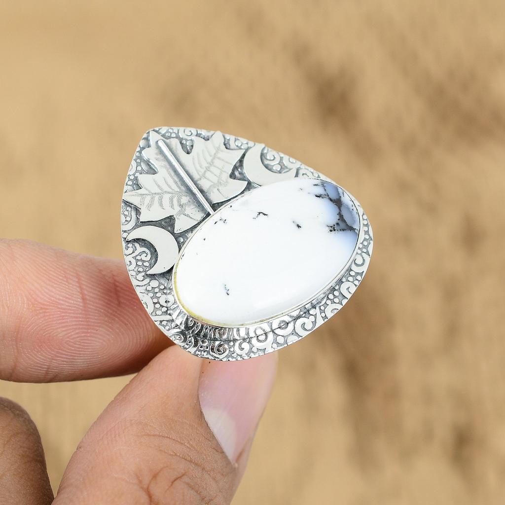 Natural Dendrite Opal Cresent Moon Multi Stone Statement Ring Jewelry 925 Silver