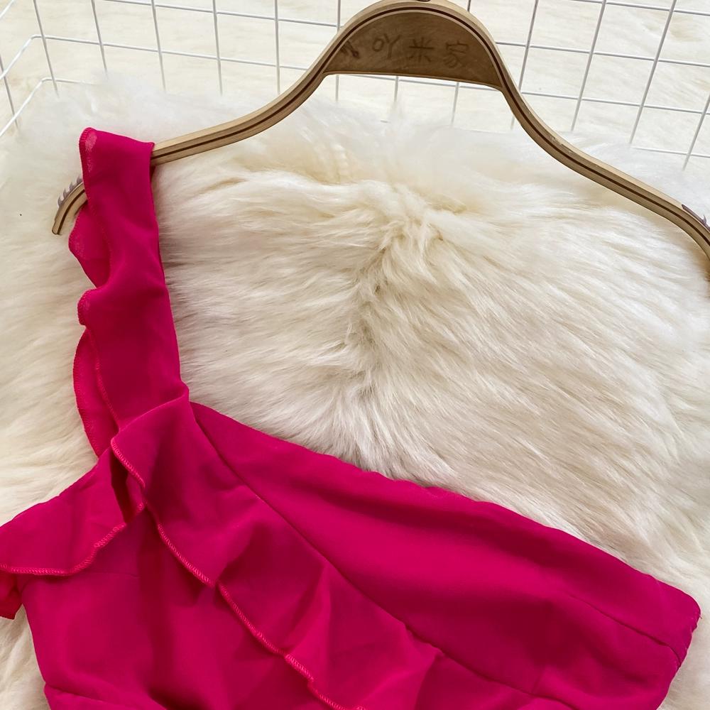 Women's Light Luxury Temperament Single Side Strapless Waisted Slim Split A-line Ruffle Dress